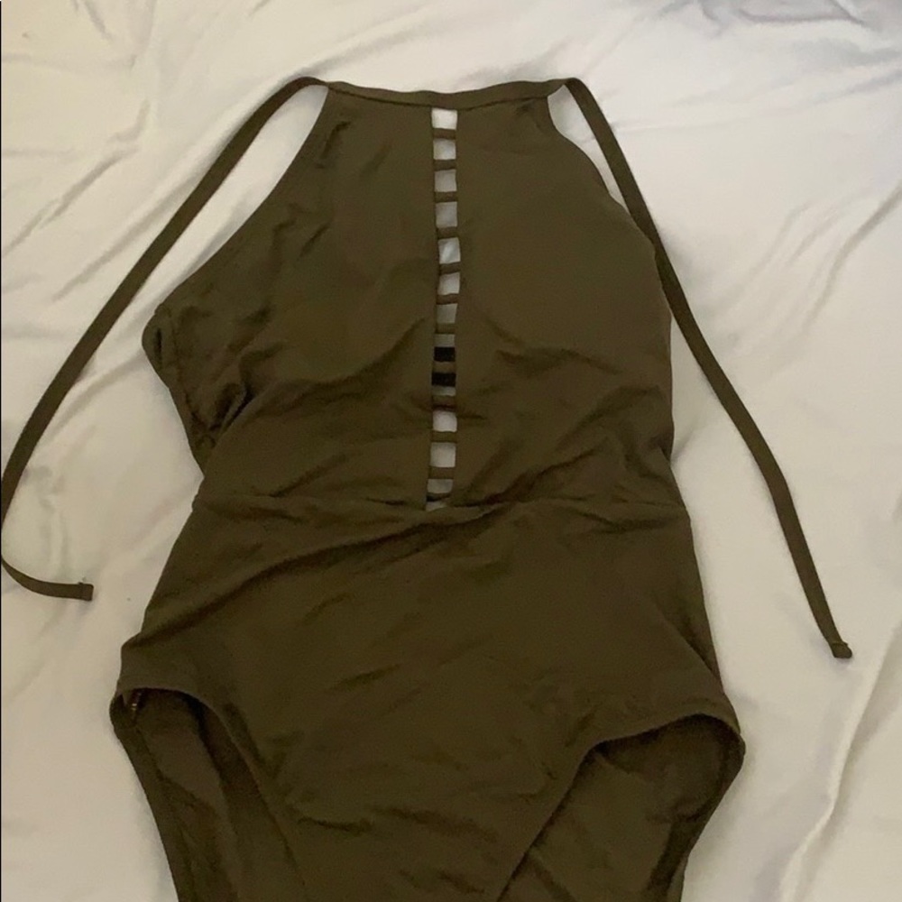M One piece army green basic minimal swim swimsuit